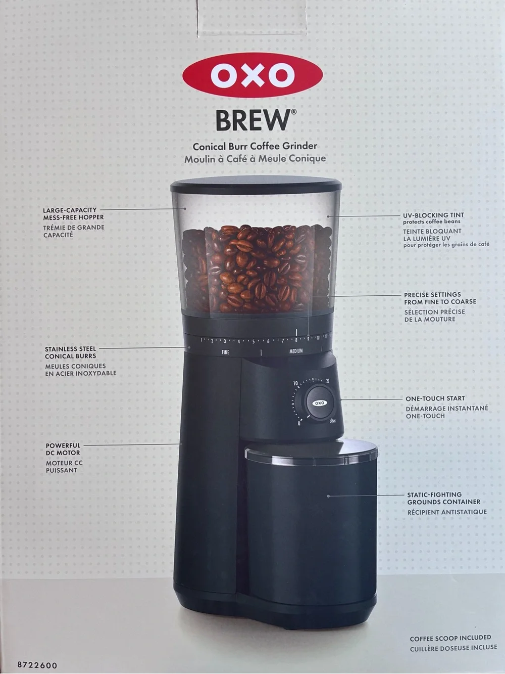 Oxo Brew Conical Burr Coffee Grinder in Black with UV ray Hopper - Picture 9 of 10